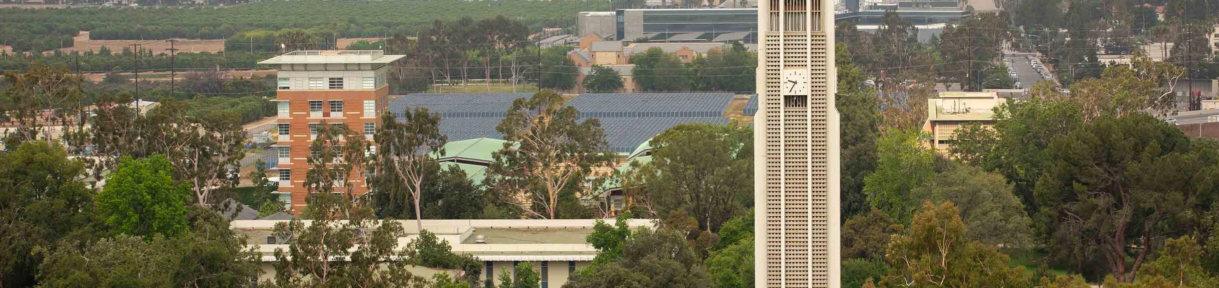 Aerial view of the UCR Bell Tower and Humanities building on a foggy day