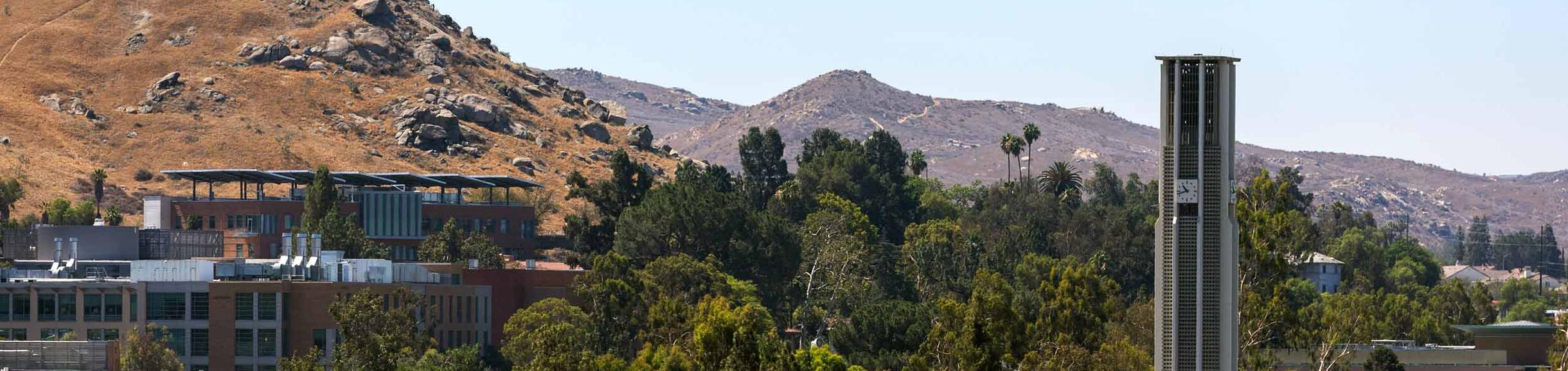 Aerial of UCR Bell Tower and mountains